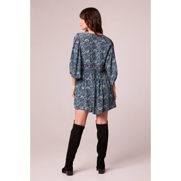 Band Of The Free Mallory Floral Babydoll Mini Dress Size Medium Deep Teal Aqua - Picture 8 of 16